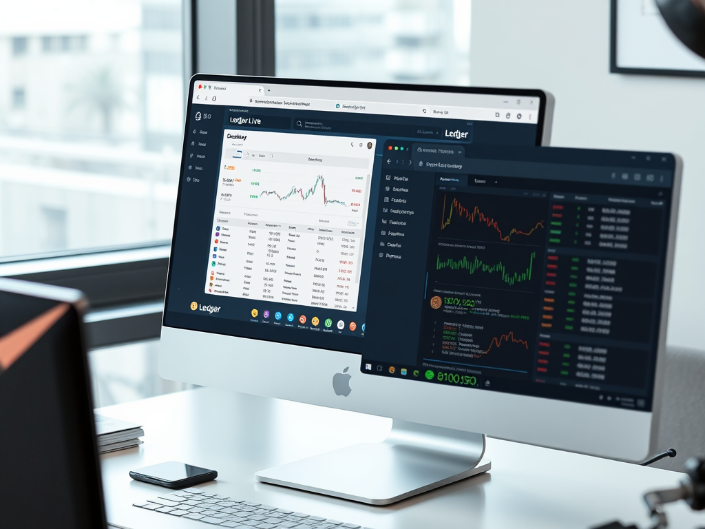 Create a realistic image of a computer screen displaying the Ledger Live Desktop interface with multiple windows open, showcasing integration with external cryptocurrency tools and exchanges. The screen should be positioned on a modern desk with a sleek hardware wallet device visible nearby. Subtle icons or logos of popular crypto platforms should be visible in the corners of the Ledger Live interface, indicating seamless connections.