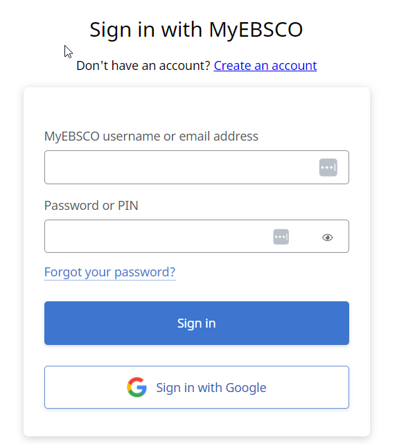 screenshot of the Ebsco Database Sign in box with fields for "MyEBSCO username or email address" and "Password or PIN"