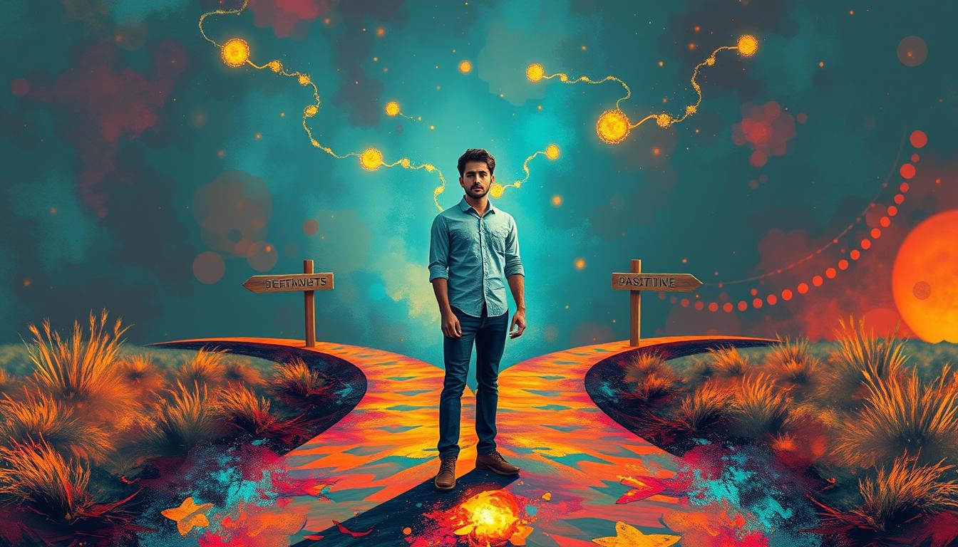 An image of a person standing at a crossroads, with one path leading towards positive thoughts, another towards positive feelings and the third towards positive actions. The person is looking ahead with a determined expression, and the surroundings are filled with bright colors and inspiring symbols. Show the paths converging into one, indicating that aligned thoughts, feelings and actions lead to the manifestation of their dream relationship.