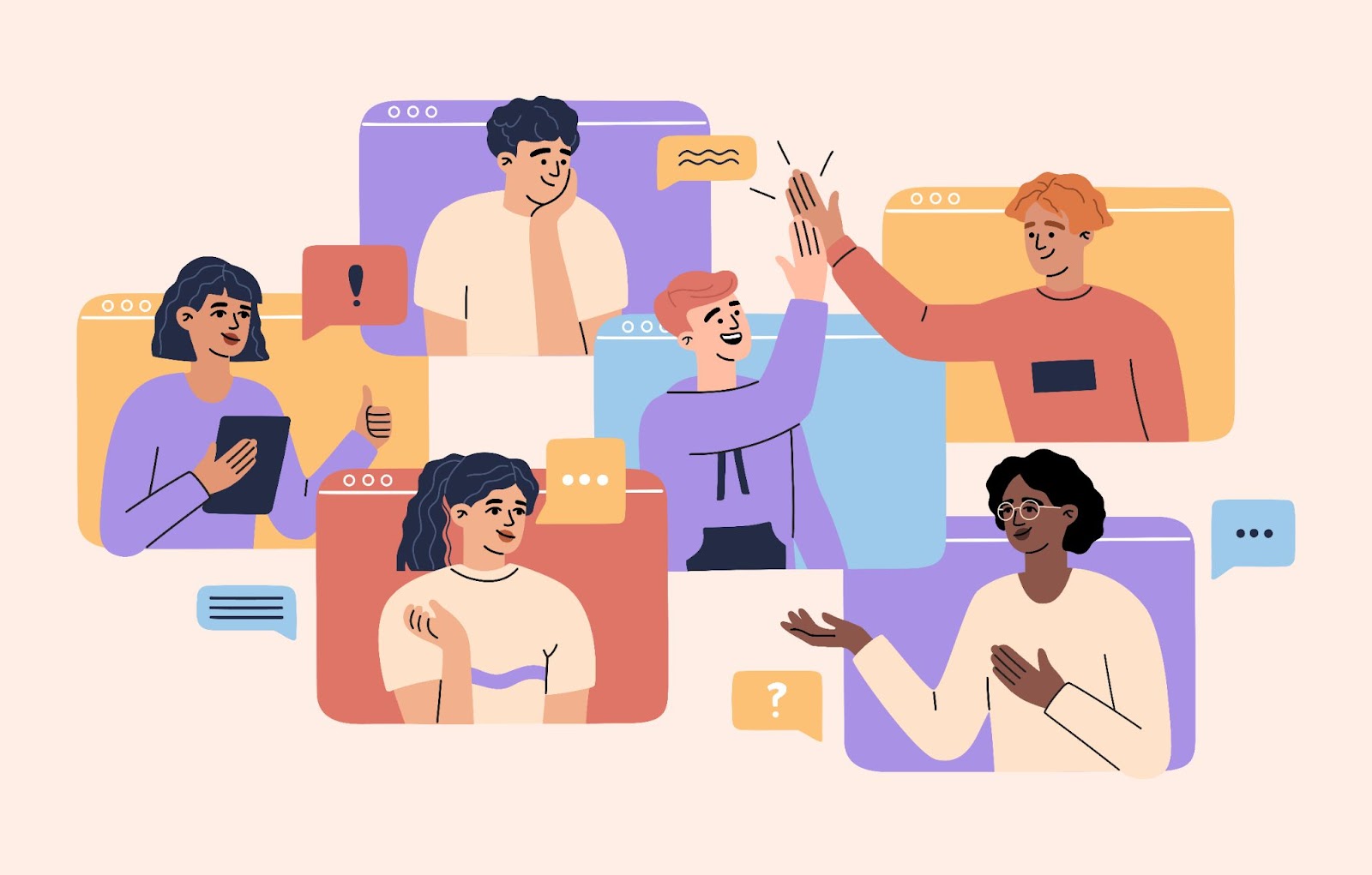 (A diverse group of six illustrated people interact through video call interfaces during a remote gathering, with some giving thumbs up, others applauding or conversing, and two in the center sharing a high-five.)