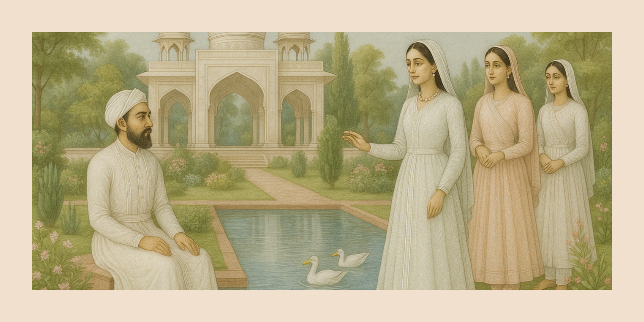 A image showing an outdoor scene with Mughals wearing chikankari embroidery clothing
