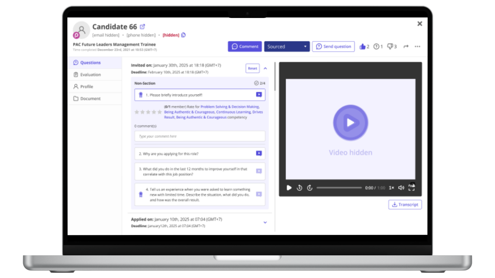 An audio playback interface replacing video thumbnails, highlighting focus on candidate responses over appearance.