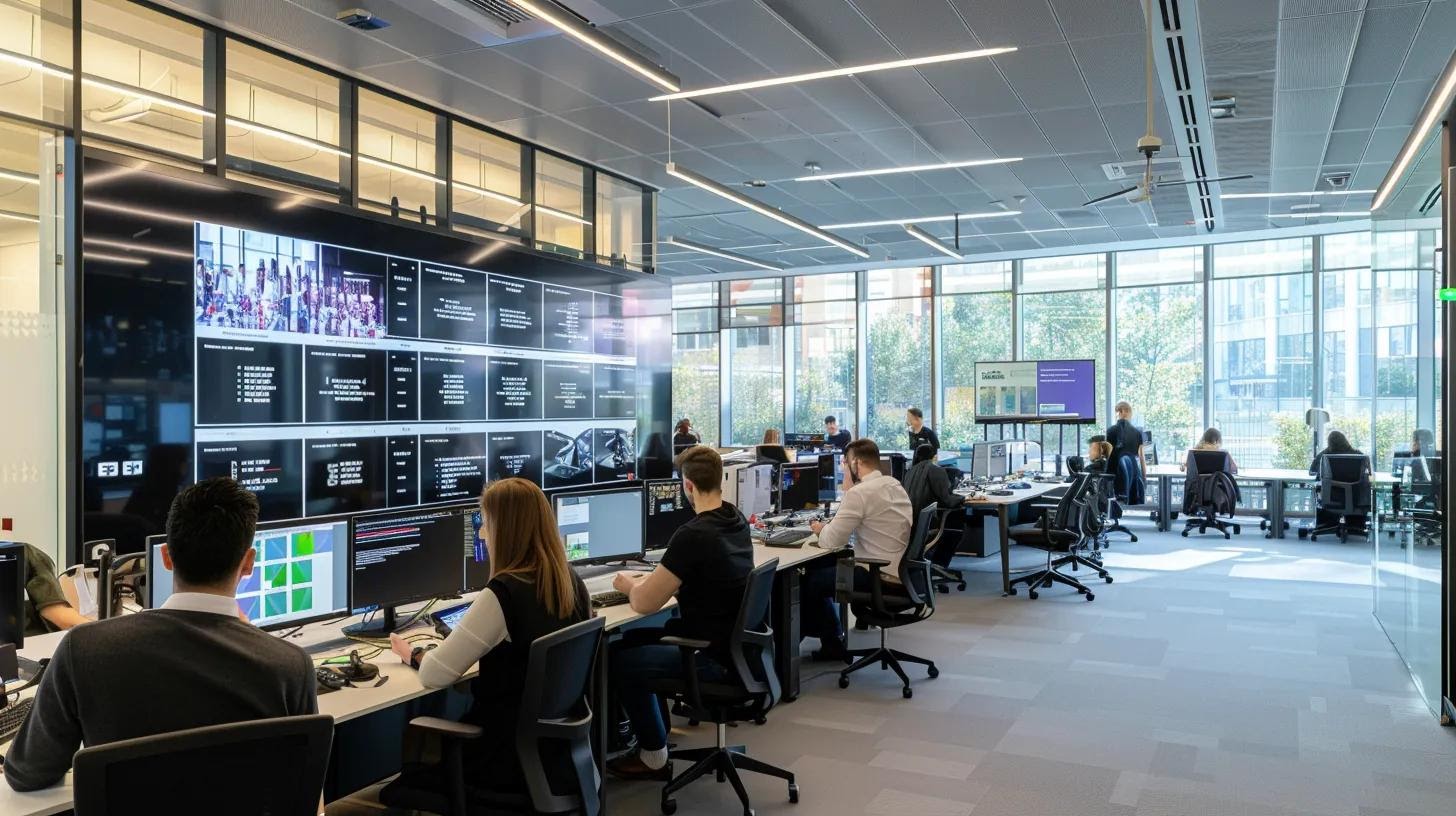 a modern office workspace features a large digital screen showcasing a dynamic interface of a website's breadcrumb navigation and internal linking strategies, with an engaged team of professionals analysing user journey optimisation.