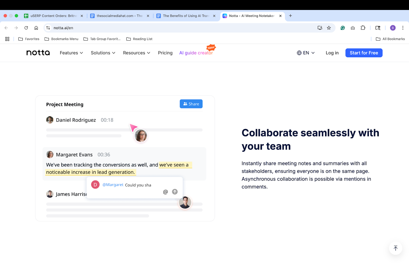 Notta AI transcription tool collaboration feature