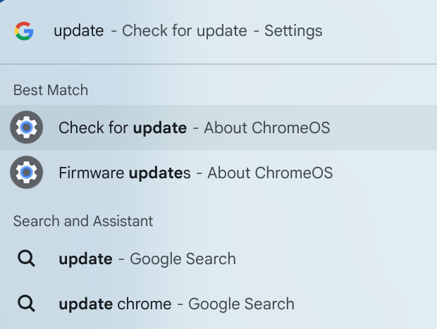 ChromeBook search box with update typed into the search bar. 