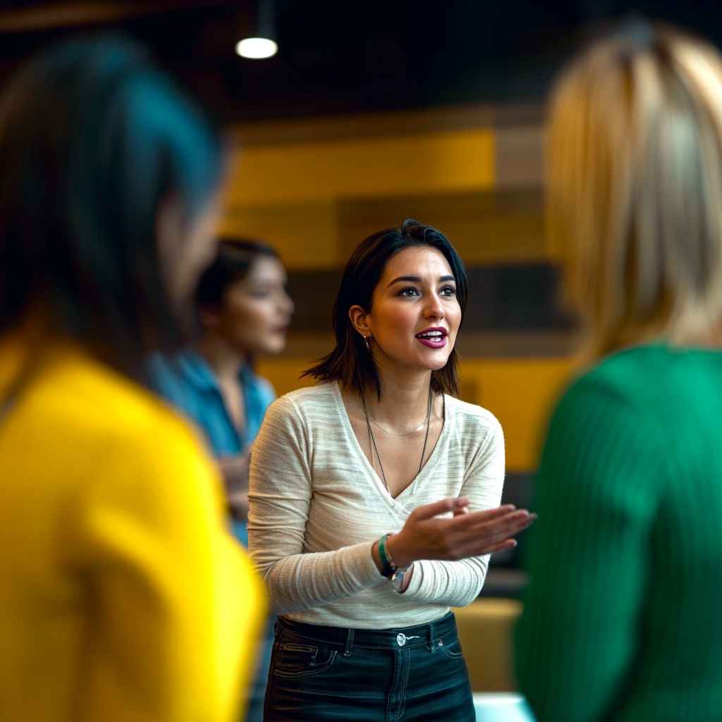 Charismatic team member enthusiastically leading a discussion in a modern lounge, symbolizing an outgoing, people-focused “I” personality type.