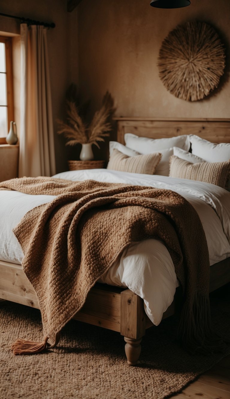 A cozy farmhouse bedroom with a woven wool throw blanket draped over a rustic bed, surrounded by warm, earthy tones and natural textures