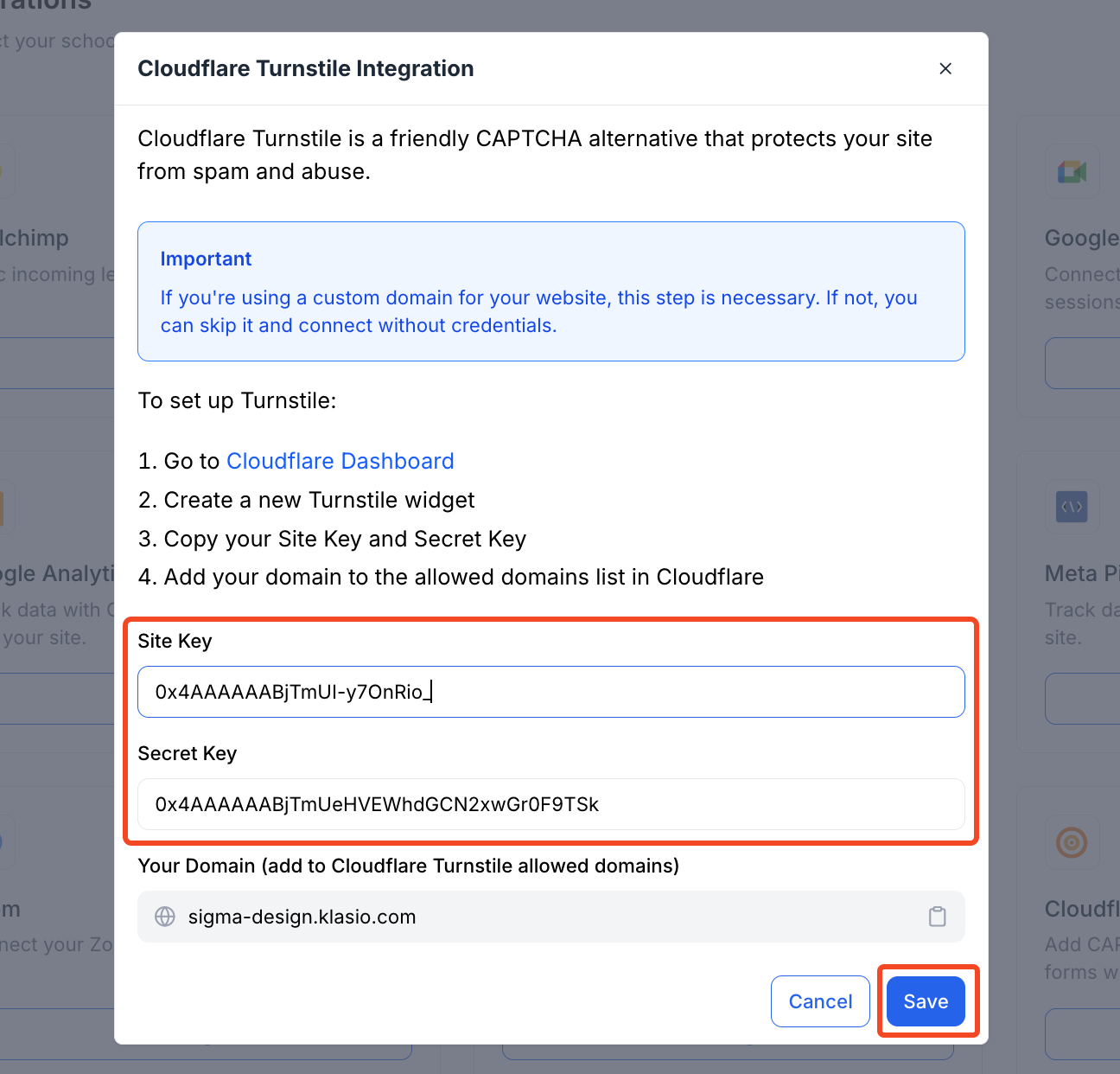 Paste Site Key and Secret Key in the Klasio app.