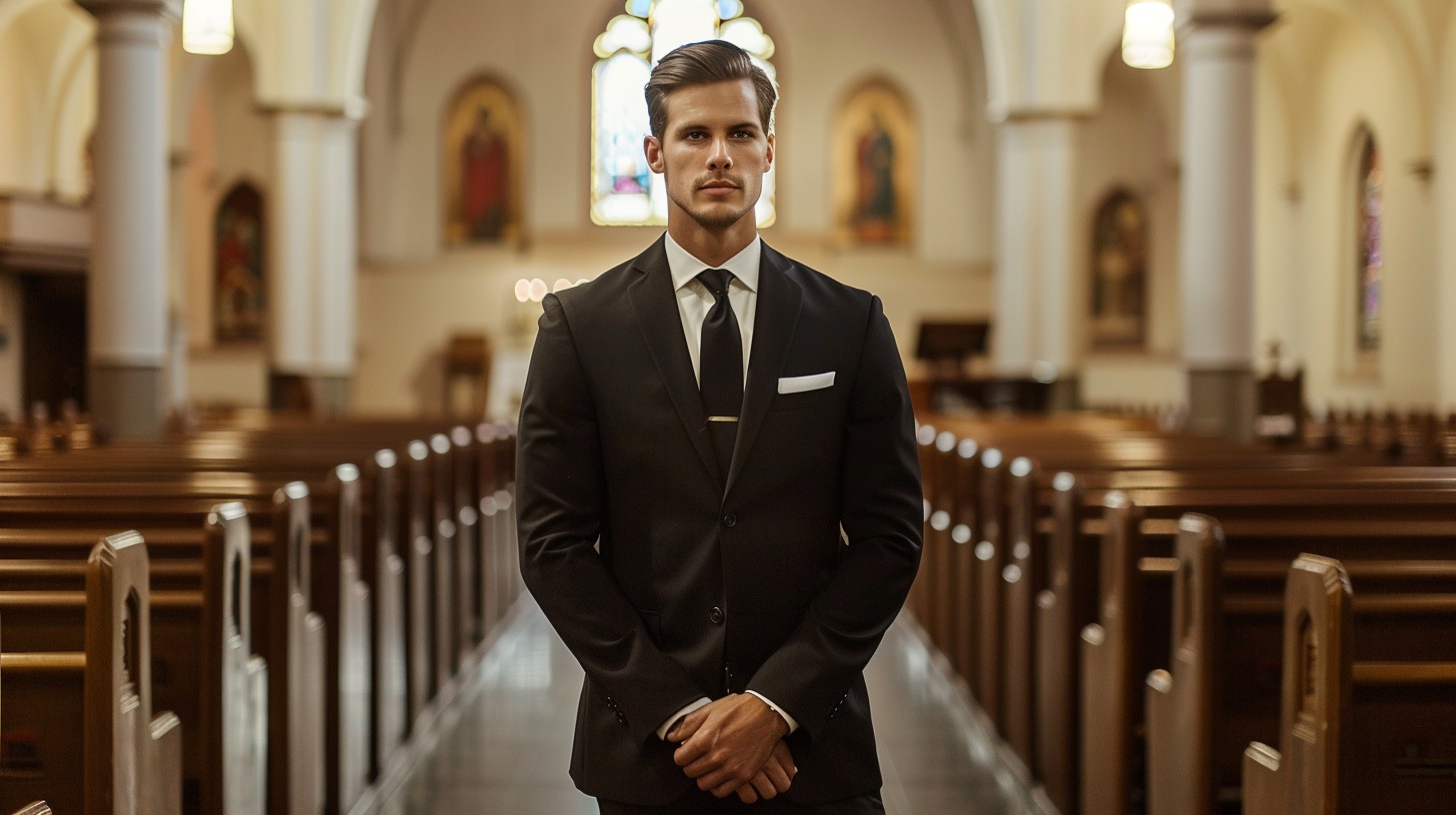 Man in a traditional black suit, white dress shirt, and black tie, standing solemnly in a church setting; polished black shoes, calm posture, respectful expression, soft indoor lighting formal and dignified atmosphere