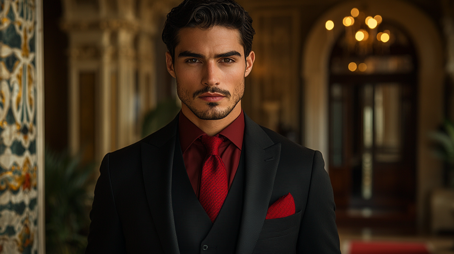 A man wearing black suit with a red shirt, complemented by a red tie, creating a sophisticated and formal vibe, displayed in an elegant setting.