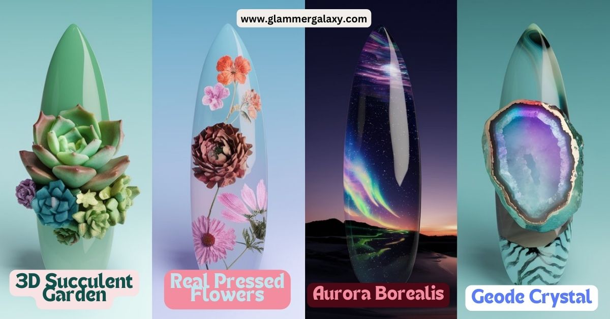 A picture of 4 images with Succulent Garden , Real flowers , aurora borealis and Crystal nail paint designs