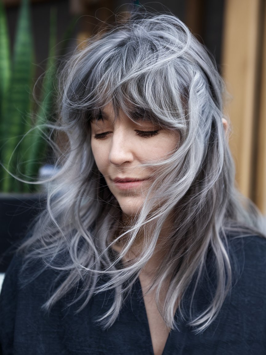 7. Wispy Silver Lob With Bangs