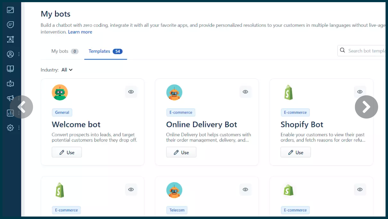 Freshchat's chatbot dashboard