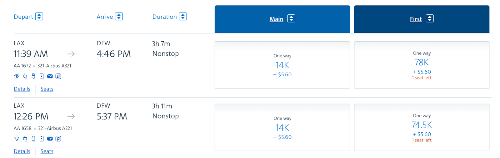 LAX to DFW booked via AA