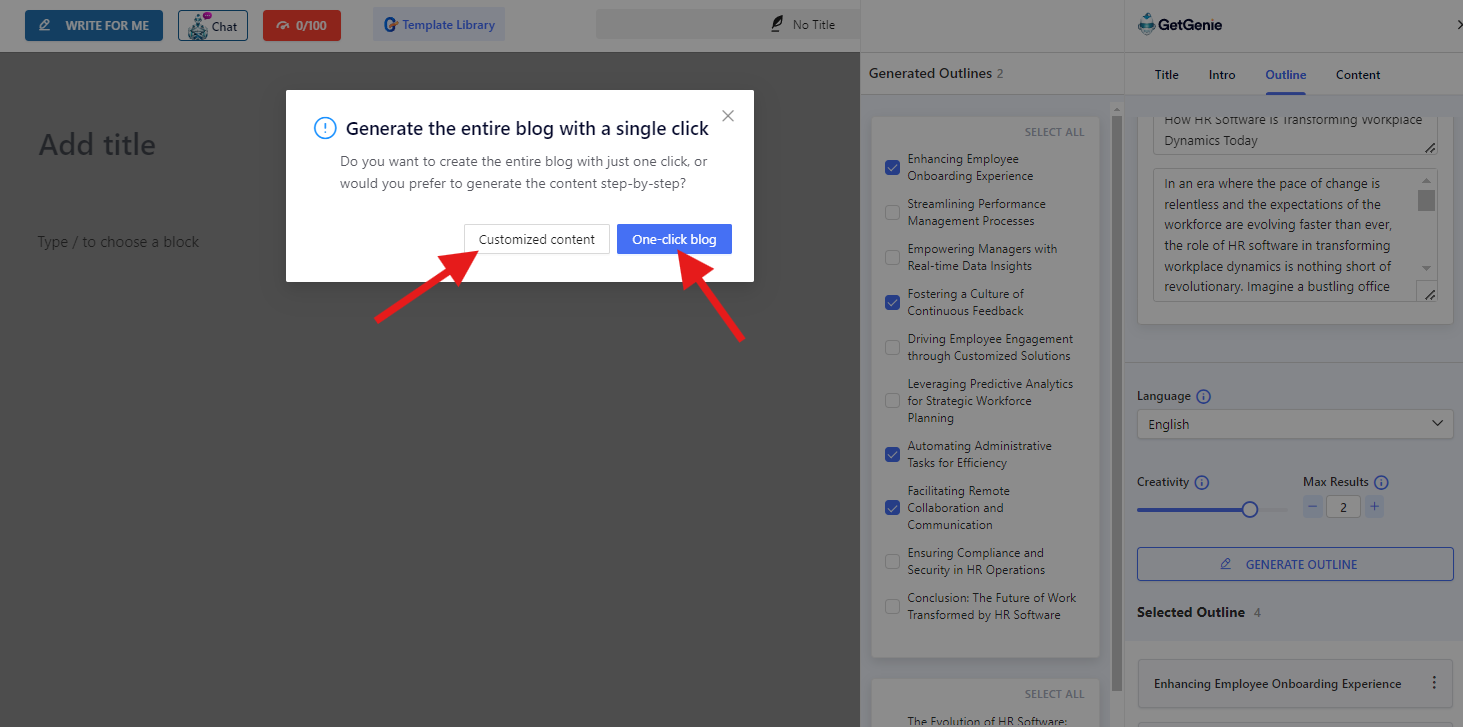 Generating content manually or with One-click blog feature