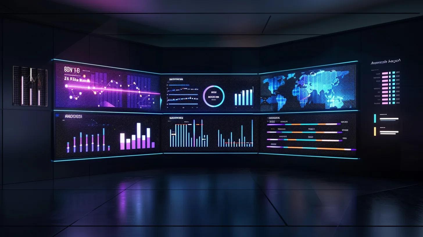 a sleek, modern office space featuring a digital dashboard displaying vibrant data visualizations and automated ai marketing insights, highlighting the transformative impact of outbound ai strategies on business growth.