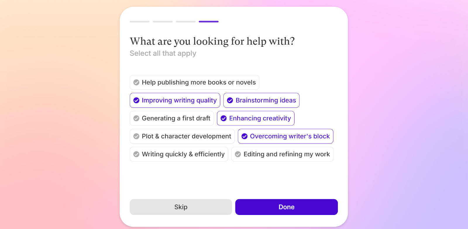 A screenshot showing Sudowriter asking for a user's writing goals