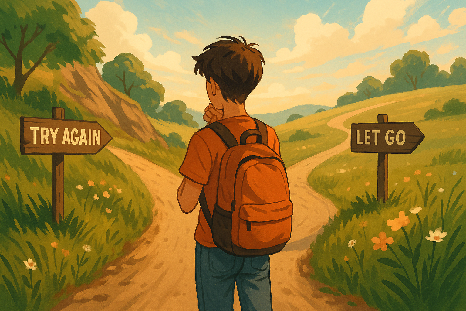 a boy looking down to different dirt paths. one path is marked with a sign saying try again and the other path is marked by a sign saying let go