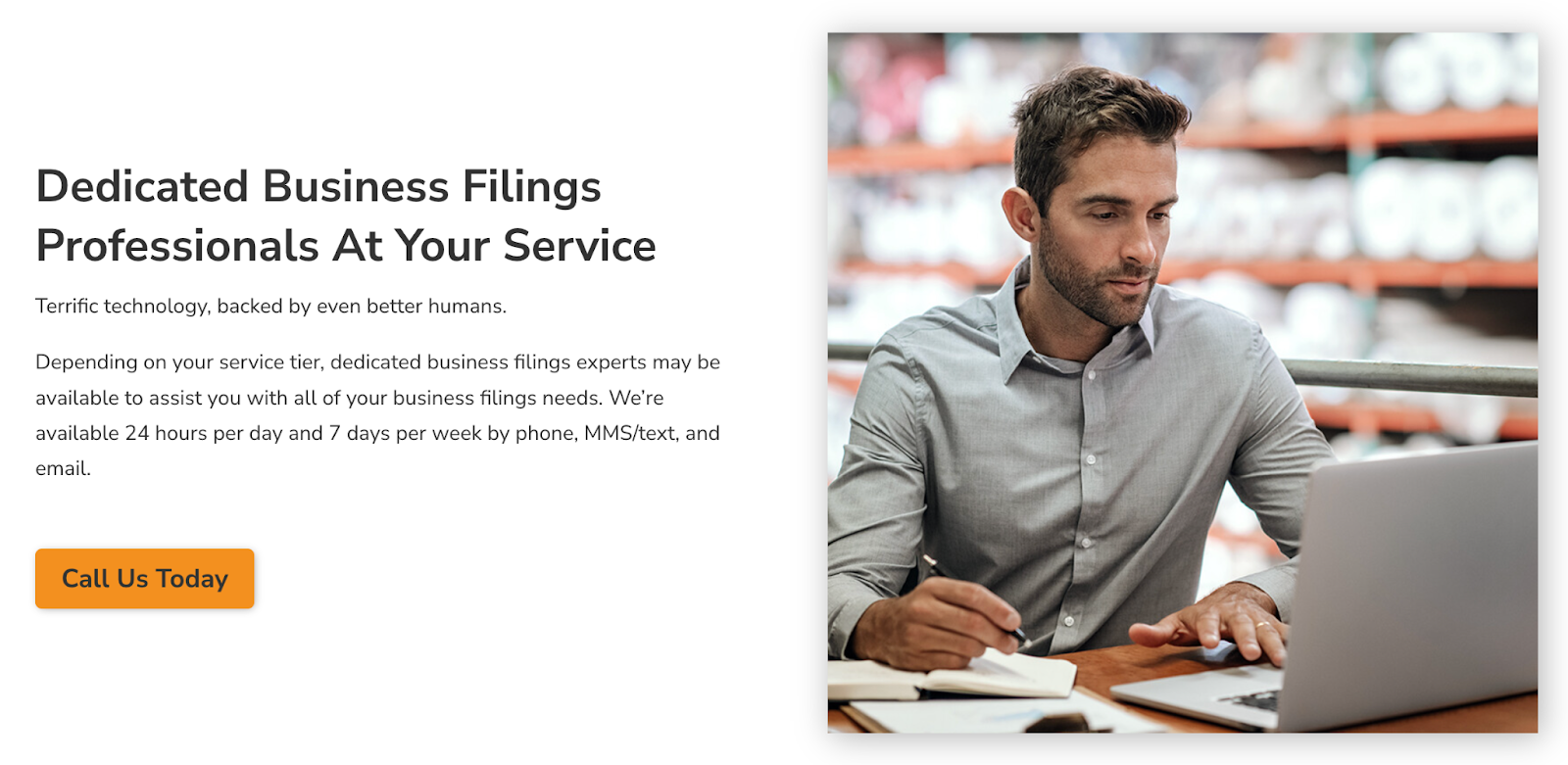 Screenshot from Corpnet's 'Start a Business' page showing the headline, "Dedicated Business Filings Professionals at Your Service" 