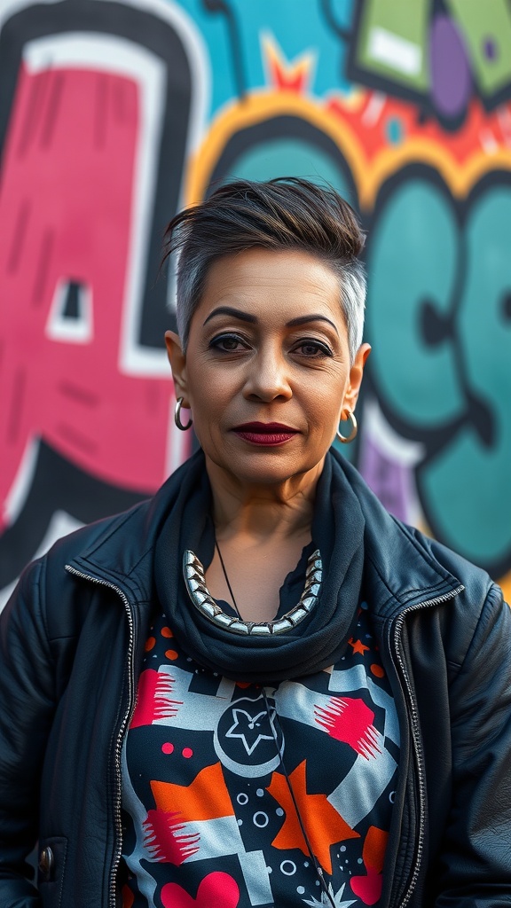 A woman with a bold buzz cut and stylish outfit stands confidently against a vibrant graffiti wall.