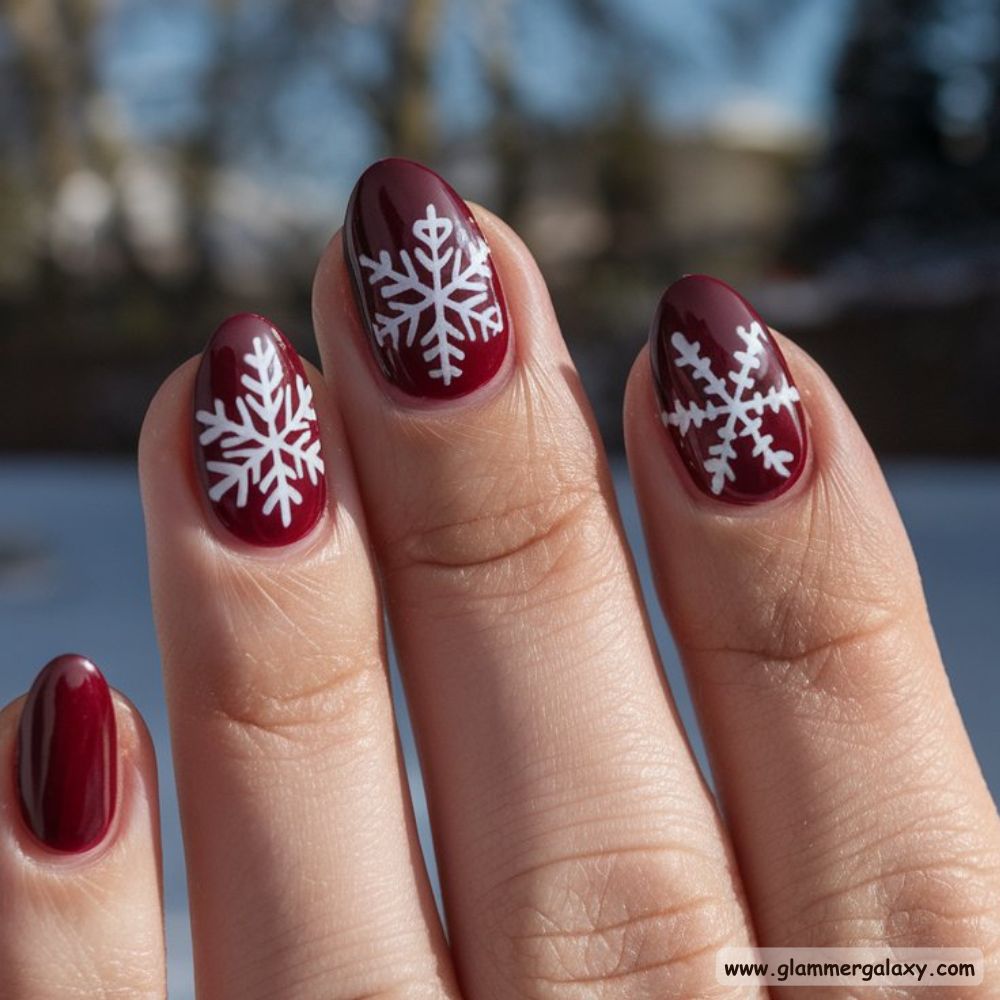 Dark Winter Nails having Red and Snowflake Fusion
