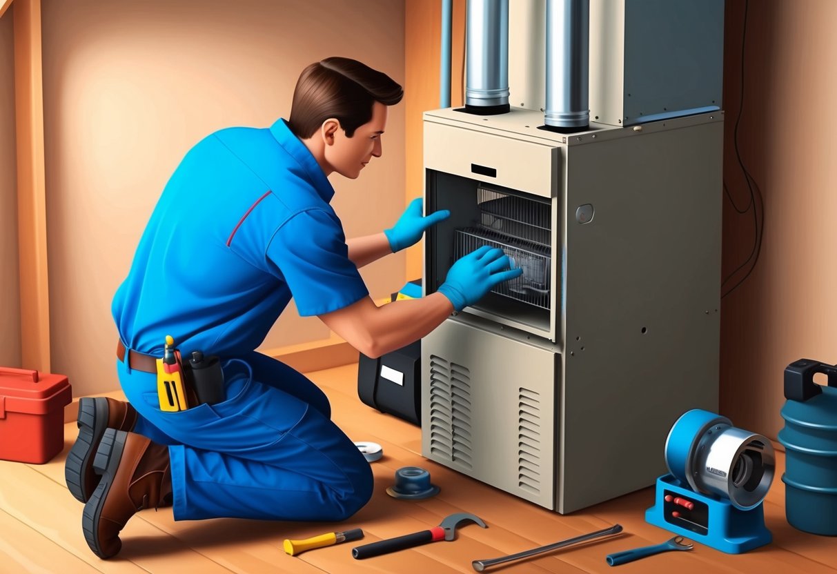 A technician checks and cleans a furnace in a cozy basement, surrounded by tools and spare parts