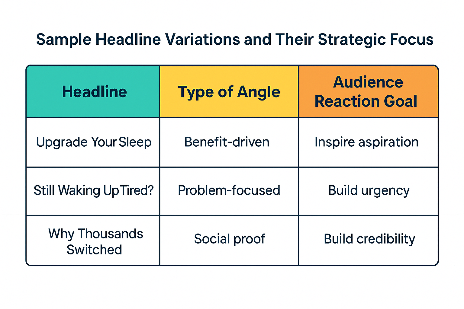 A colorful 3-column table titled "Sample Headline Variations and Their Strategic Focus" comparing headline types and their intended audience reaction goals