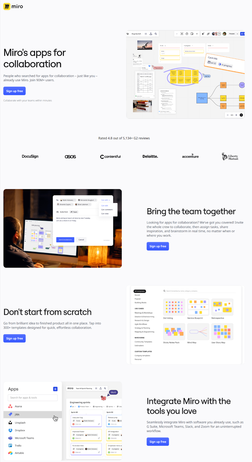 Miro webpage showcasing collaboration apps with visuals of digital whiteboards, integration features, and a user interface. 