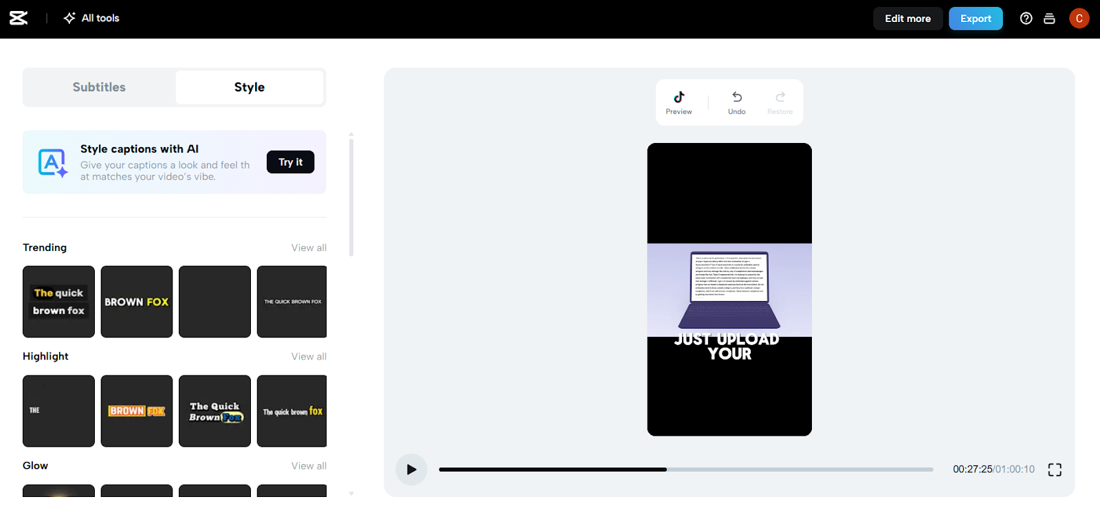 CapCut interface showing AI-generated caption styles and video preview with editing options.