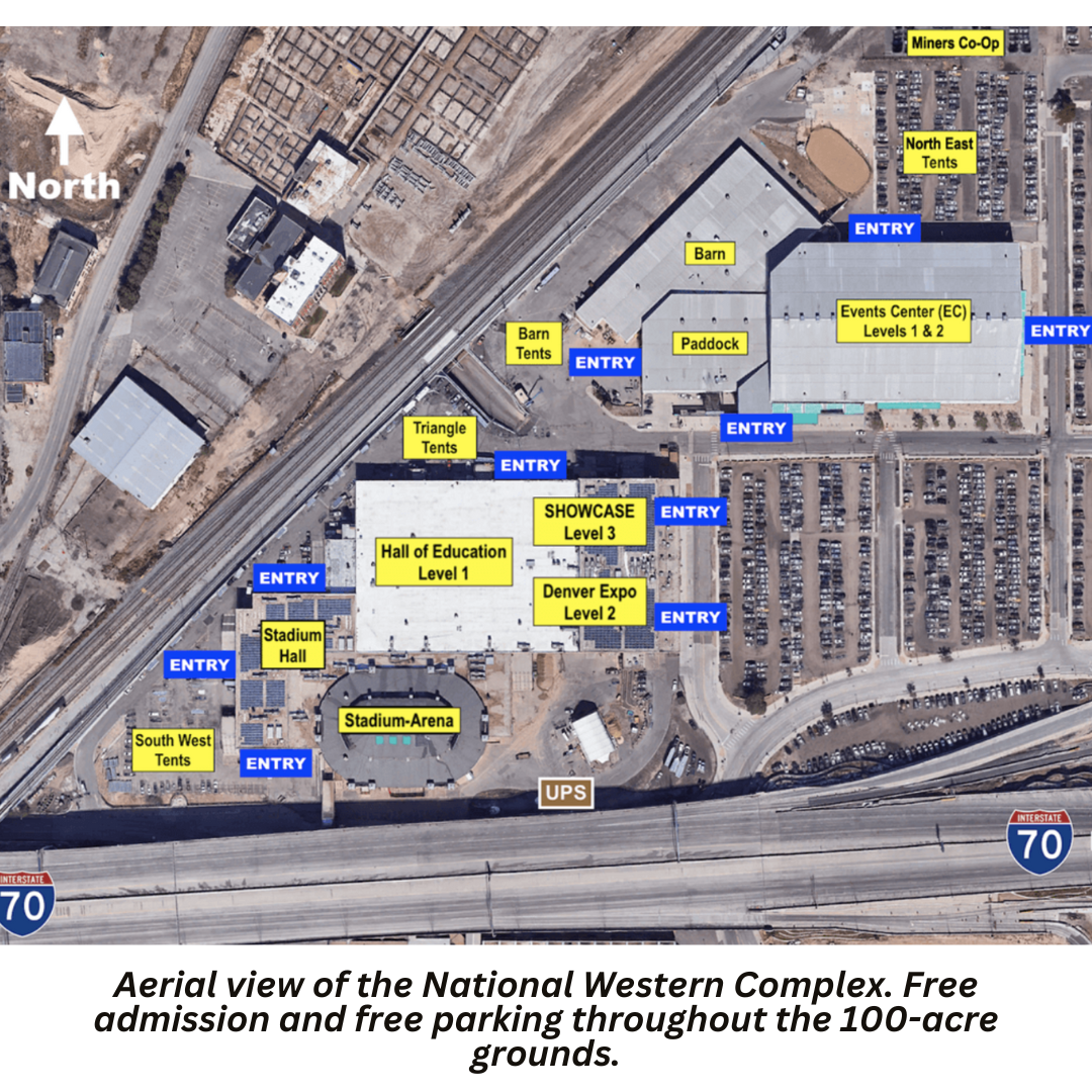 Aerial view of the National Western Complex. Free admission and free parking throughout the 100-acre grounds.