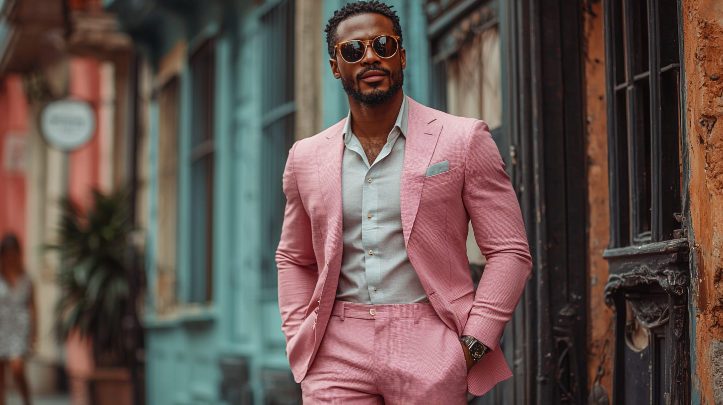 
A man wearing a pink suit, paired with neutral colors for a balanced, sophisticated look. The pink suit is styled with a light gray or white shirt underneath, creating a grounded and professional appearance. For a more casual vibe, a pink polo shirt is worn under the suit, making the look approachable yet stylish. The setting alternates between a casual outdoor gathering and a refined indoor setting, showcasing how neutral colors like white and gray can tone down the boldness of the pink suit. Photorealistic details with soft lighting, highlighting the seamless blend of pink and neutral shades.