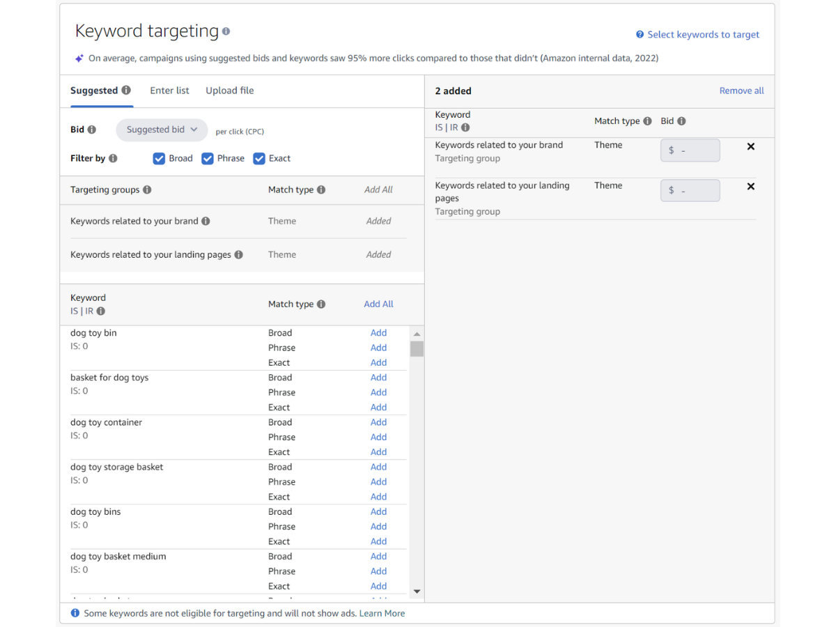 How to enter your target keywords.