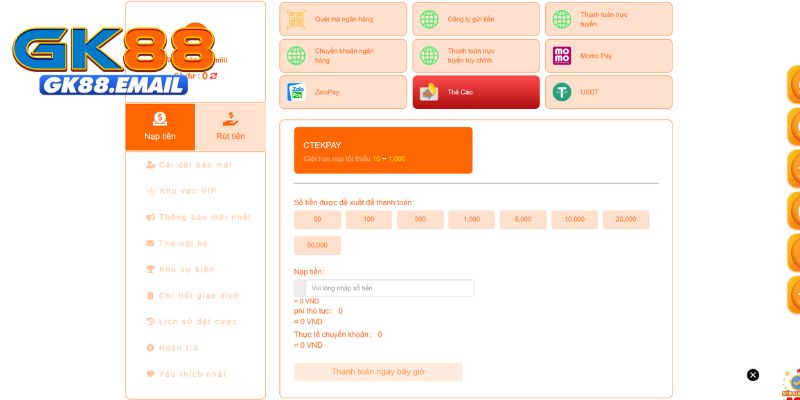 Nạp tiền GK88 bằng thẻ cào nhanh chóng, tiện lợi và bảo mật