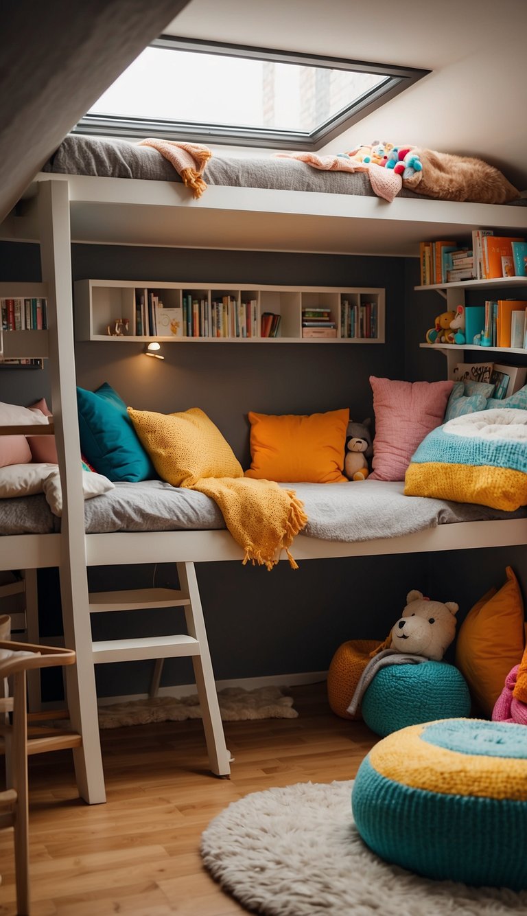 A loft bed with a ladder, surrounded by colorful toys and books. A cozy reading nook underneath with soft pillows and blankets