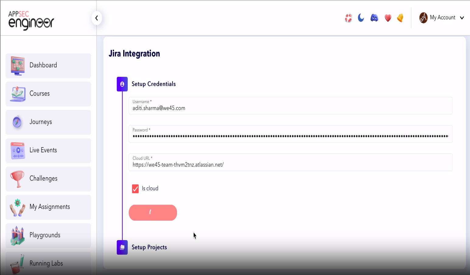 Jira Integration setup page with credentials fields and cloud configuration option.