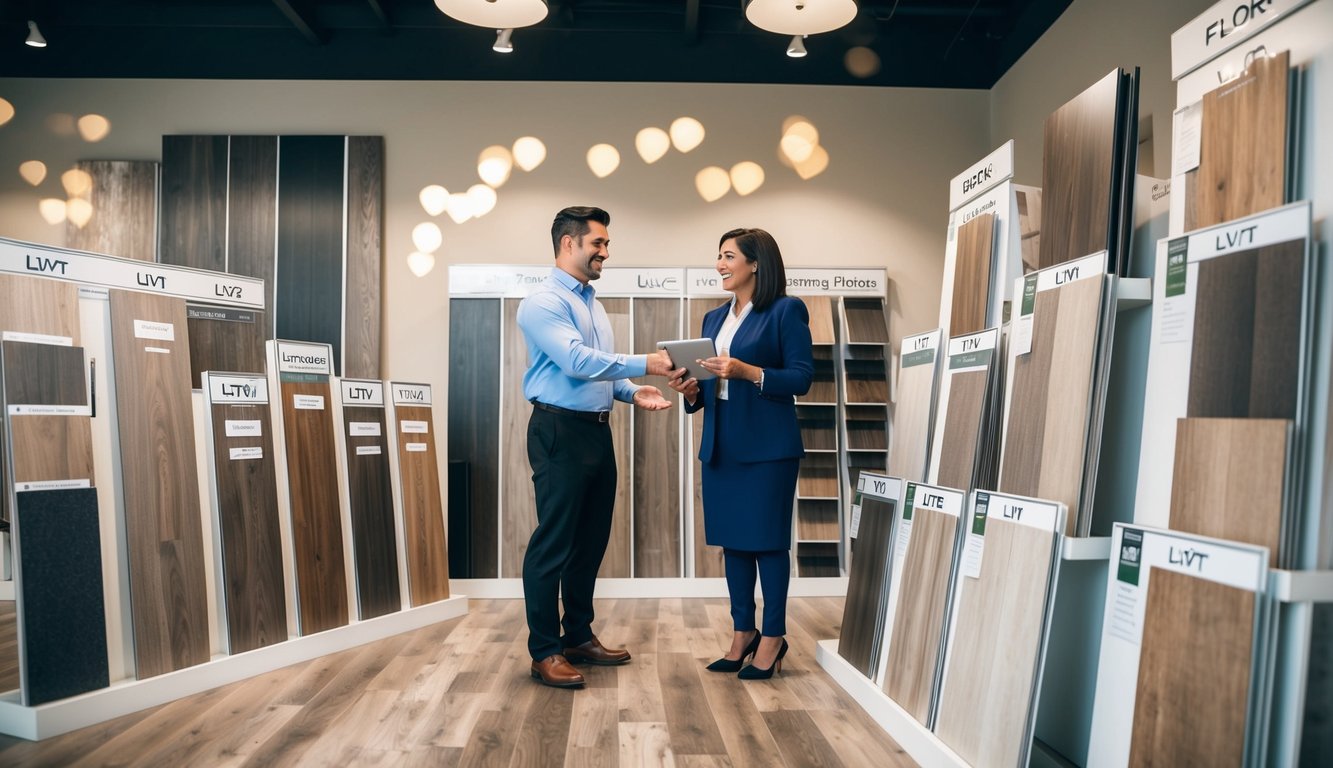A showroom display of various LVT flooring types, with labeled samples and a helpful salesperson assisting a customer
