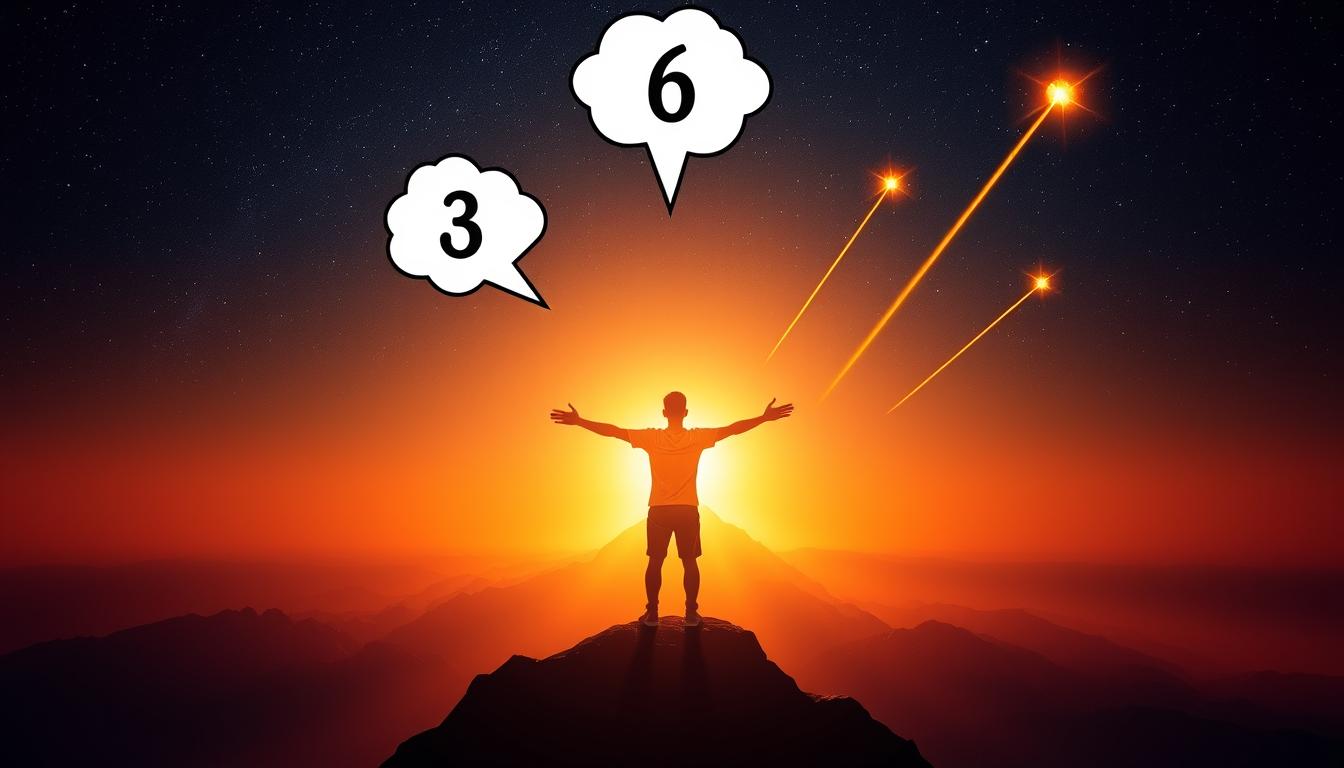 An image of a person standing on top of a mountain with their arms outstretched and facing the rising sun. The mountain is surrounded by a glowing, golden energy, and the person has three thought bubbles above their head representing "3," "6," and "9." In the distance, there are three shooting stars streaking across the sky towards the person, symbolizing the manifestation of their dreams.