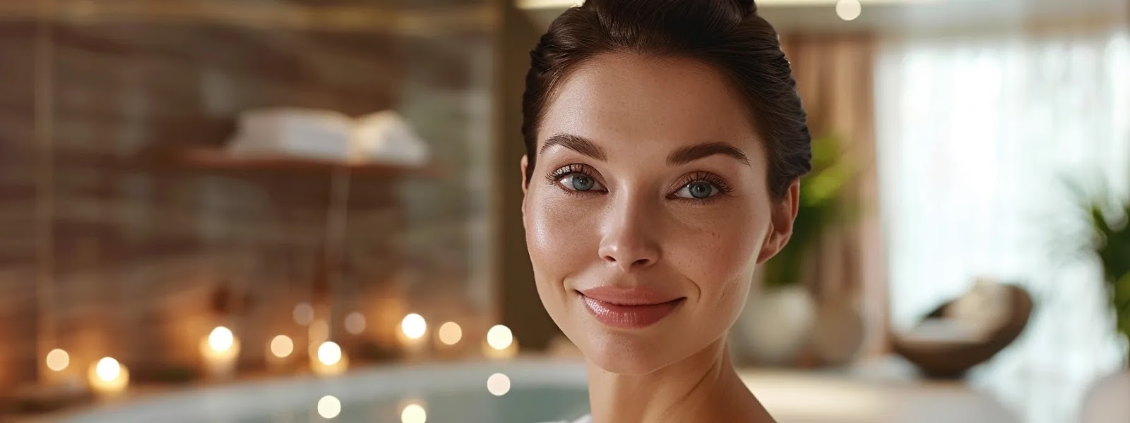 a radiant woman with a flawless complexion stands confidently in a modern spa setting, showcasing the rejuvenating effects of radiofrequency skin tightening against a backdrop of soothing, soft lighting and elegant decor.