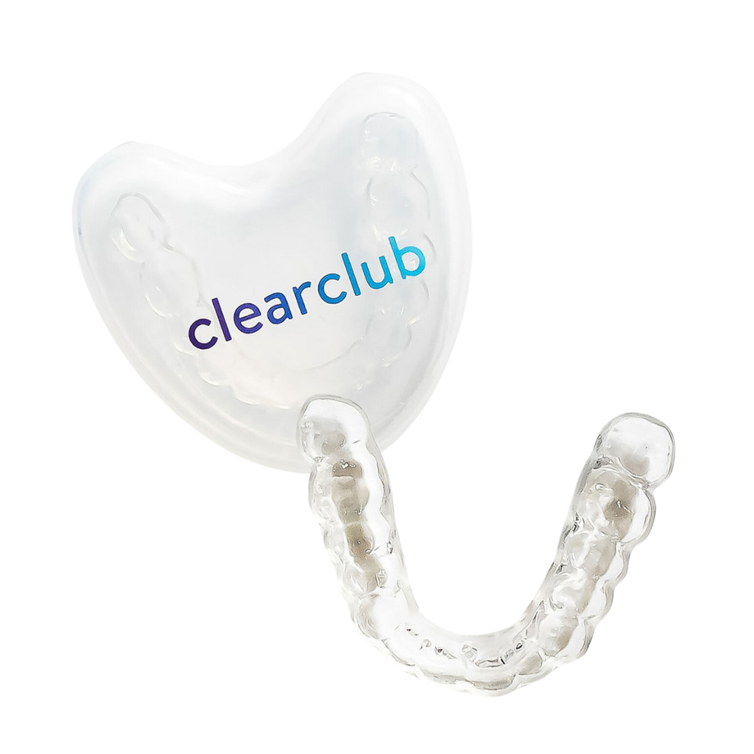 Clear custom night guard with a ClearClub case, ideal for preventing teeth grinding and jaw clenching.