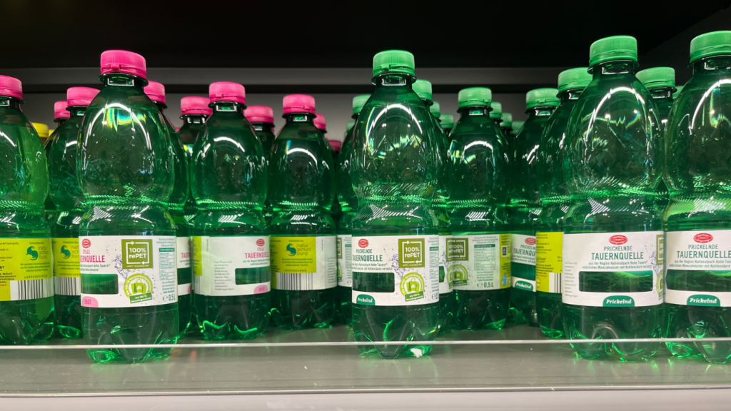 Plastic bottles on a shelf in the store.