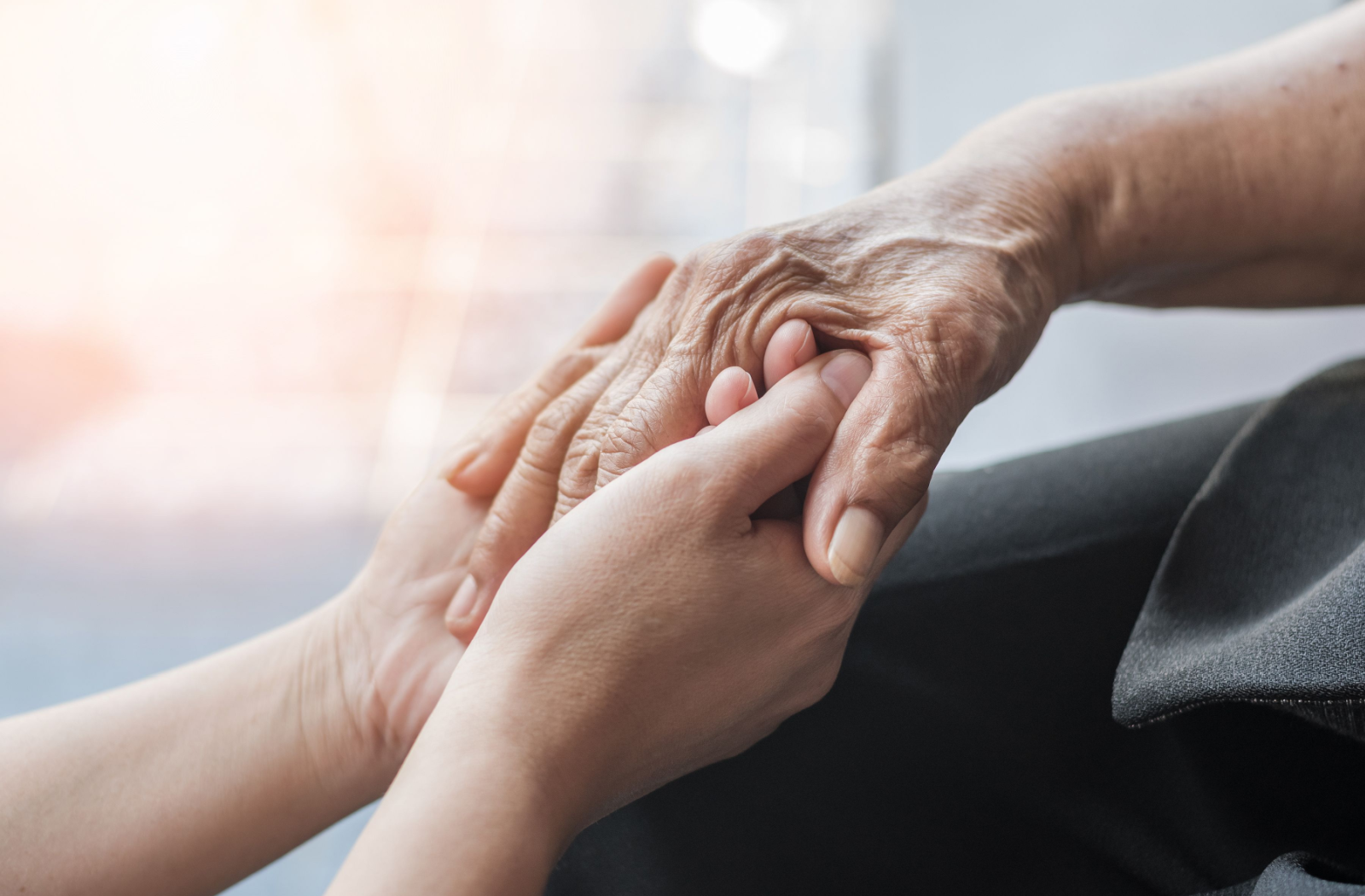 A senior holds hands with their adult child.