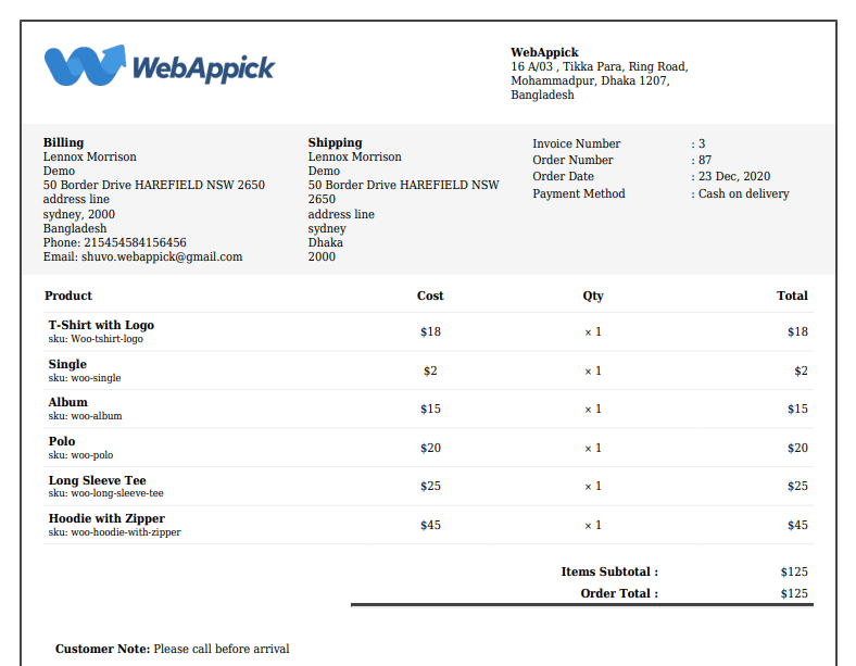 Woocommerce invoice