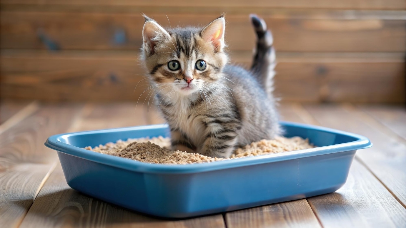 Stray cat using a litter box