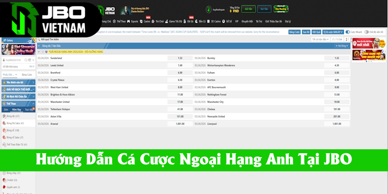 Chỉ dẫn khách hàng đặt cược EPL tại JBO