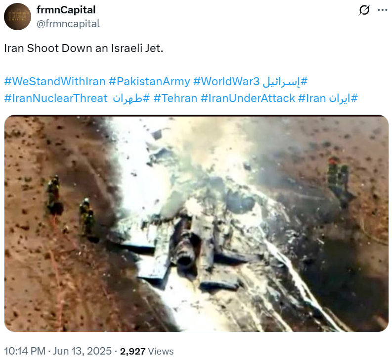 Iran Shoot Down an Israeli Jet. The pilot allegedly ejected within Iranian territory. The authorities are looking for him. Looks like an F35 Fighter Jet.