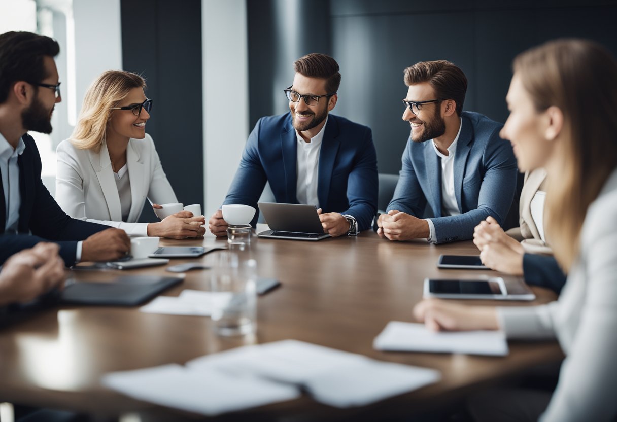 A group of business professionals gathered around a conference table, discussing and comparing different SEO agencies for their company