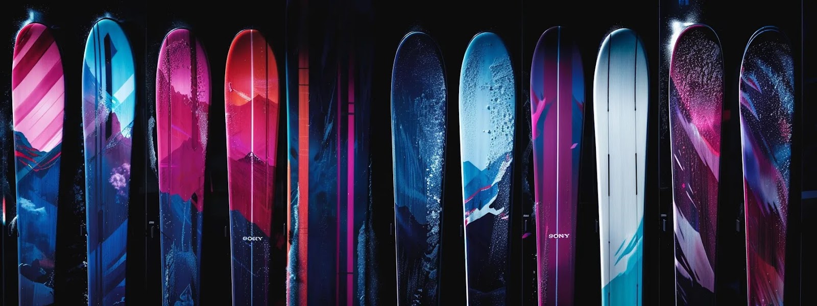 a display of women's skis showcasing all-mountain, carving, freestyle, and powder options for different skiing styles.