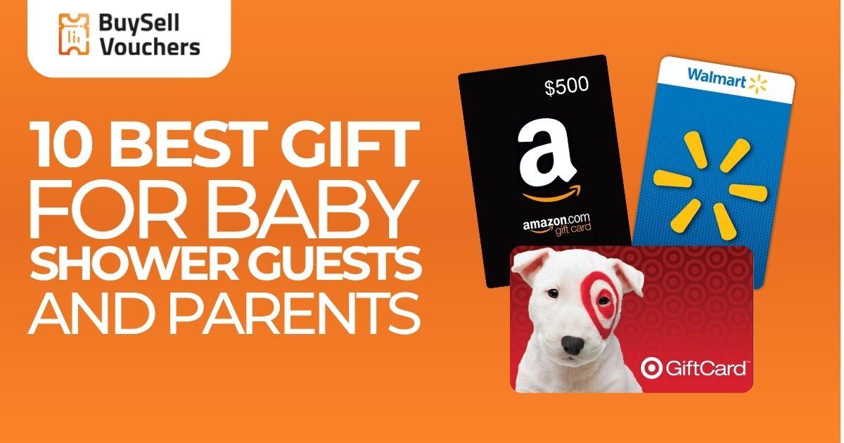 Gift card picks for baby shower guests and parents: Amazon, Walmart, and Target cards shown.