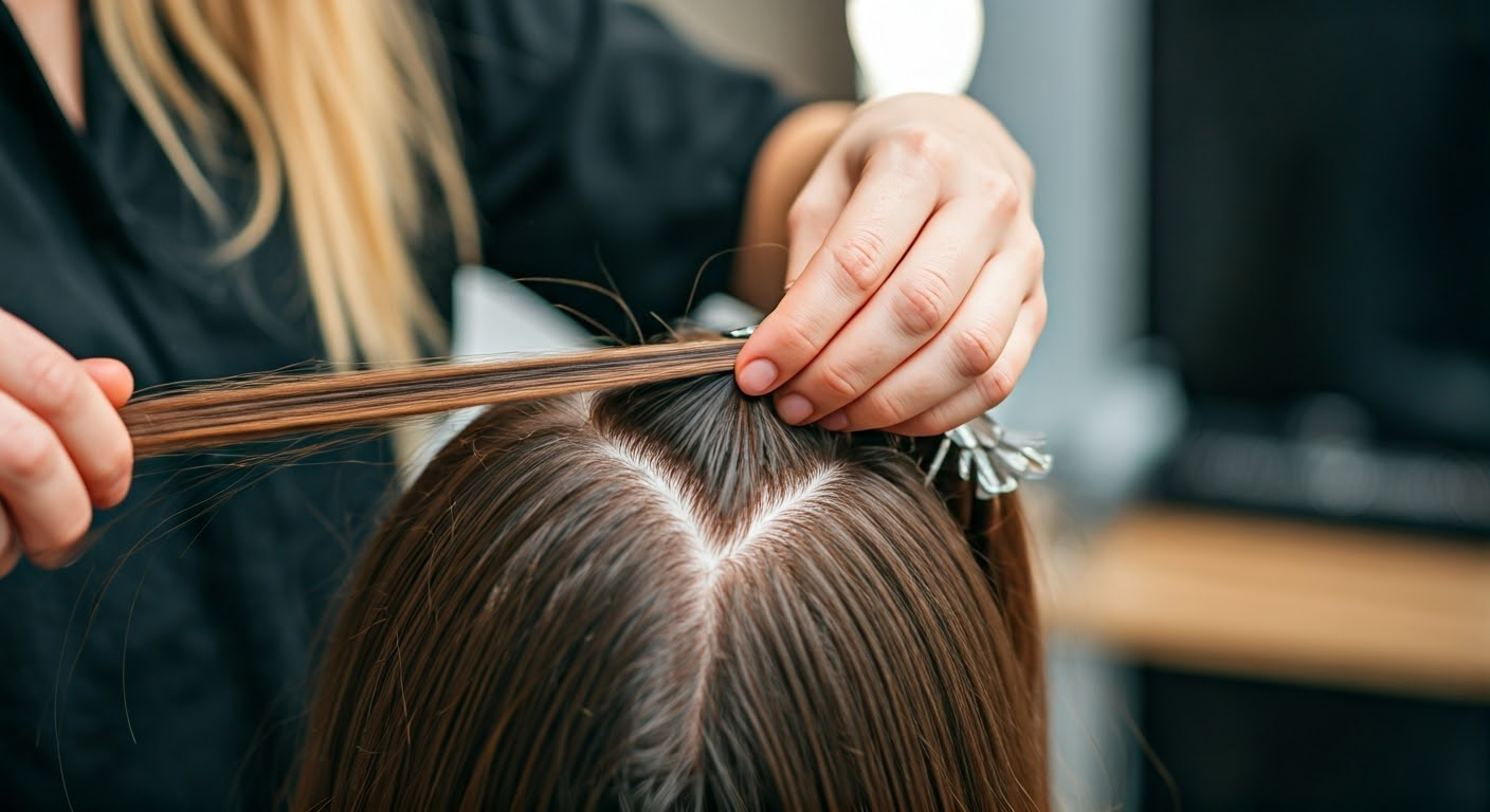 Stylist applying hair extensions to client.