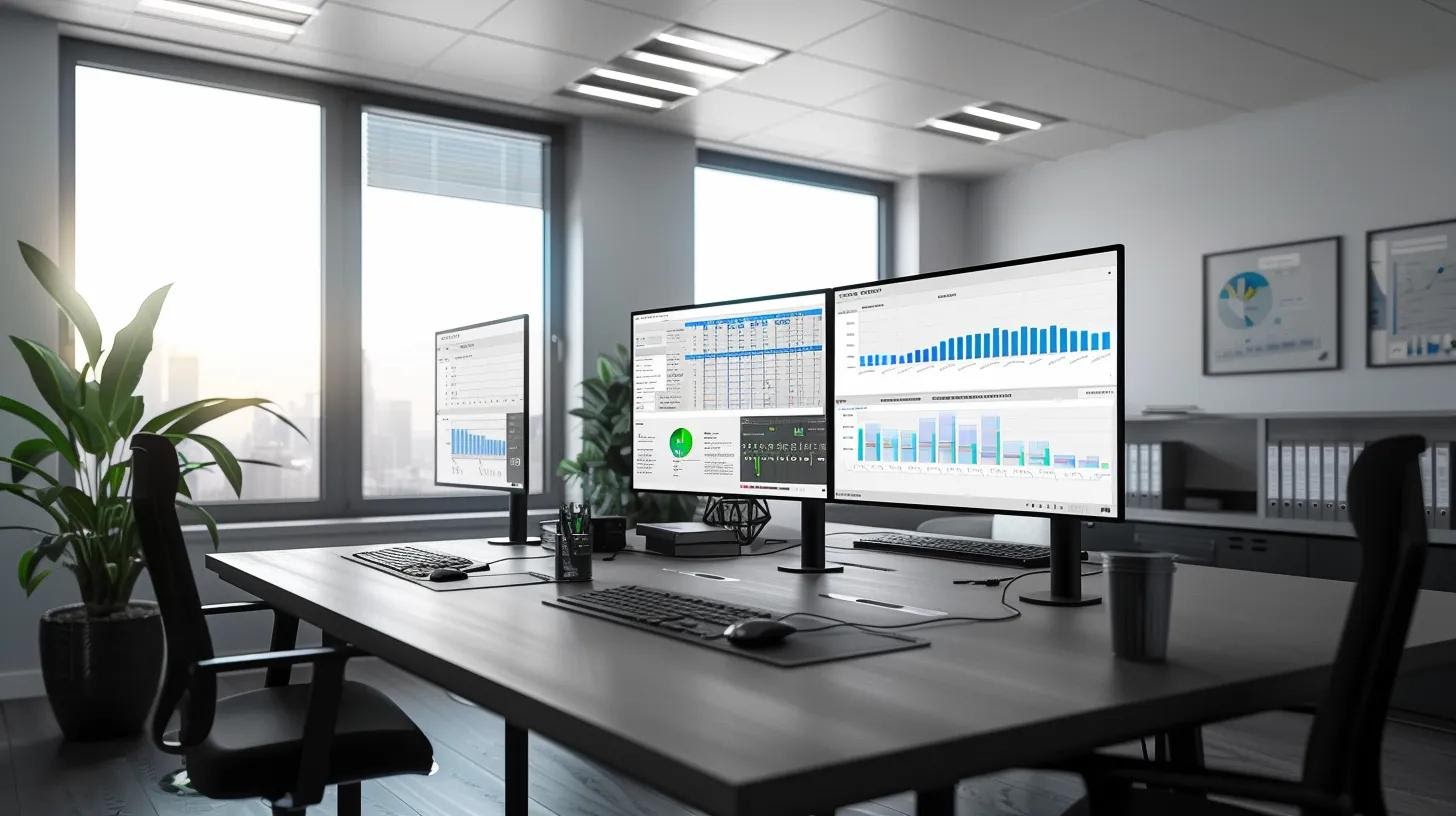 a sleek, modern office with multiple monitors displaying real-time web performance metrics and graphs, illuminated by cool-toned fluorescent lighting, conveying a sense of focused efficiency in continuous monitoring and optimization.